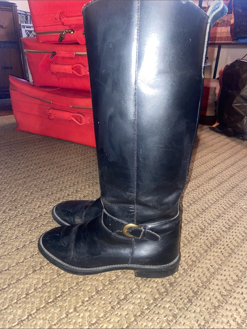 Nine West Black Leather Over-the-Knee Riding Boots with Gold Buckle